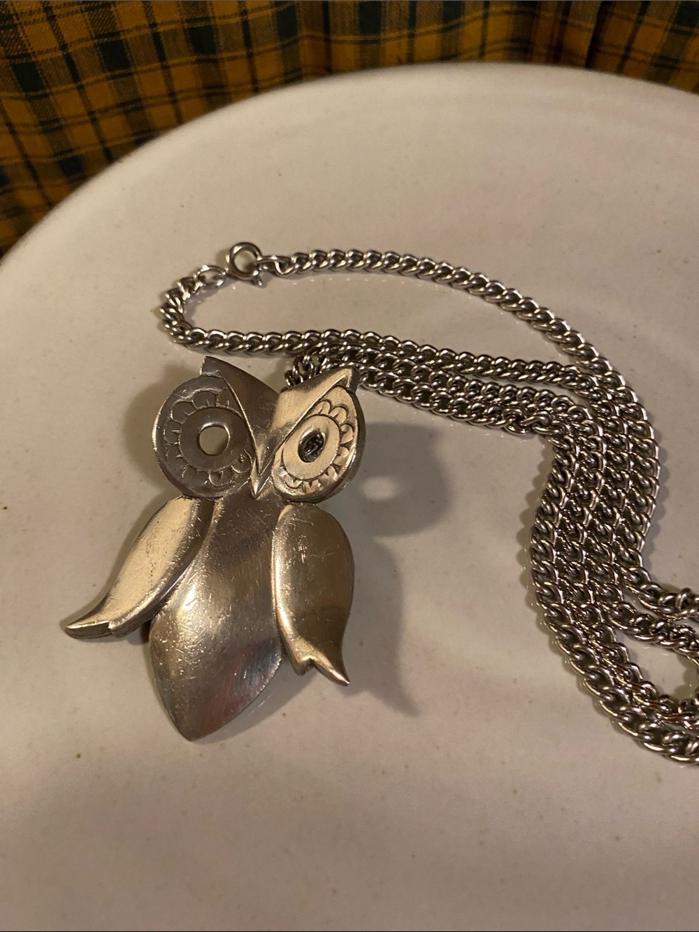 Vintage Reed & Barton Silver Pewter Owl Pendant Necklace - 24” long chain